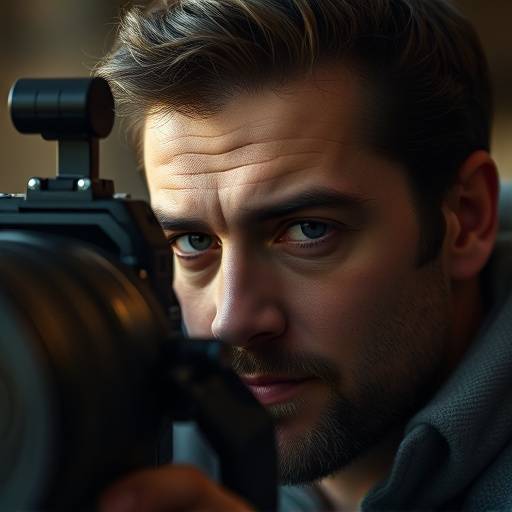 Damien Dubois, Director of Photography, looking through a camera lens.